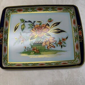 Daher Decorated Ware Vintage Floral Metal Serving Tray Made in England Navy Gold